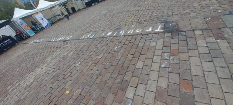 Les mots « Troubles dys » écrits à la craie au sol pendant le festival