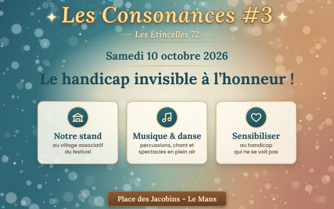 Bandeau du festival Les Consonances 2026 au Mans : le handicap invisible à l’honneur, avec le stand des Étincelles 72