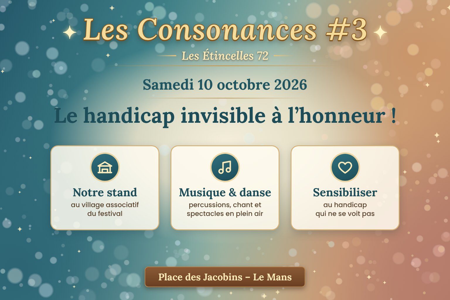 Bandeau du festival Les Consonances 2026 au Mans : le handicap invisible à l’honneur, avec le stand des Étincelles 72